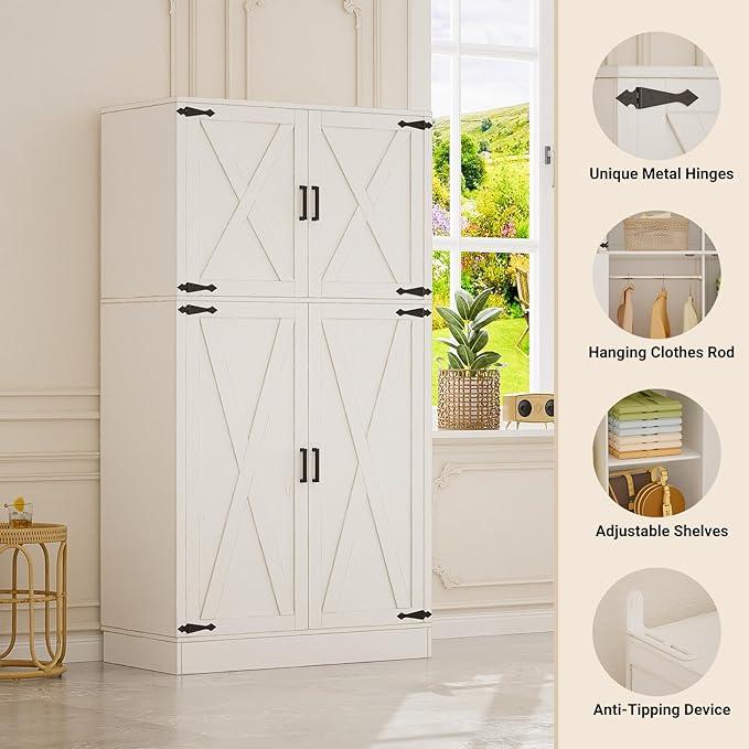 Unikito 71'' Farmhouse Wardrobe Closet with Hanging Rod, 4 Barn Door Clothing Storage Cabinet with Adjustable Shelves, Freestanding Wardrobe Cabinet for Bedroom, Living Room, Cloak Room, Office, White