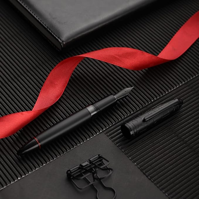 Hongdian N6 Black Metal Resin Piston Fountain Pen, Black Iridium Fine Nib Classic Pen, Includes Metal Box Writing Pen