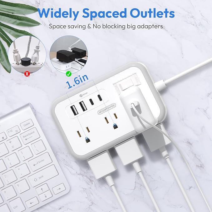 Flat Plug Extension Cord 25 ft, Surge Protector Power Strip, Outlet Extender with 6 Outlets 4 USB Ports, Overload Protection, Long Extension Cord with Multiple Outlets for Indoor, Home, Office, White