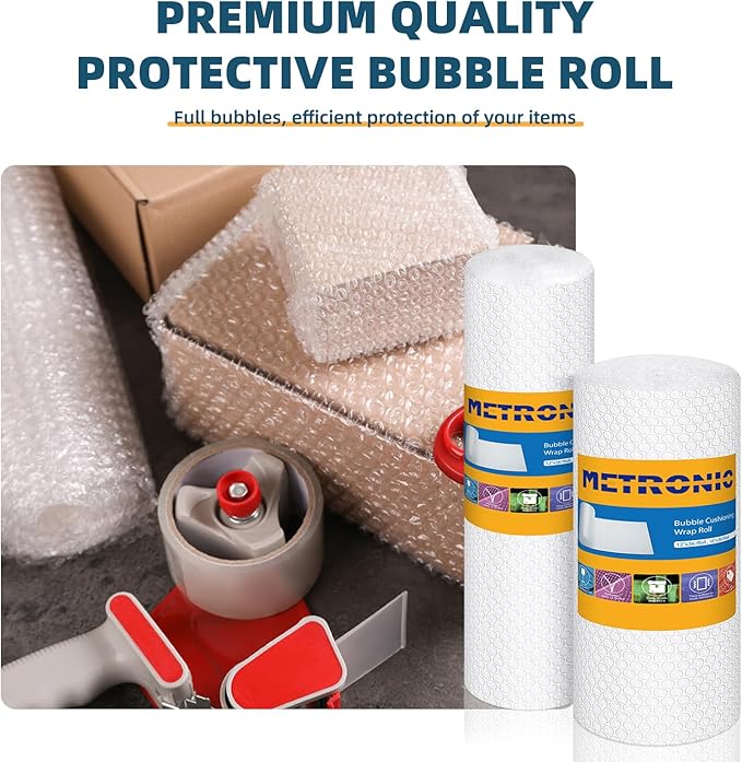 Metronic Bubble Cushioning Wrap 2 Pack 12 Inch x 72ft Total, Dense Bubble Packing Air Wrap Clear Bubble Packing Roll for Shipping and Moving Supplies, Perforated Every 12"