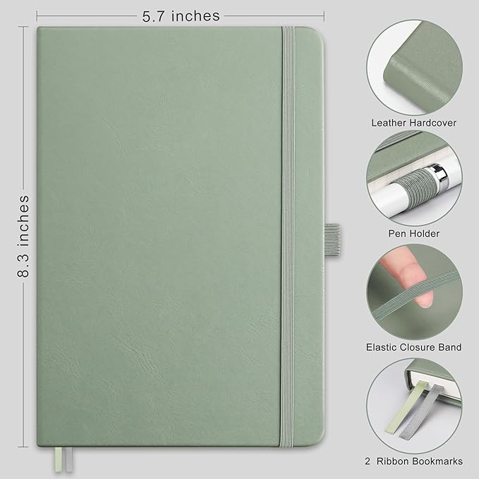 RETTACY Lined Journal Notebook, 192 Numbered Pages, A5 Medium Size (5.7'' x 8.3''), for Men & Women, Journaling, Writing, Work & Office, Leather Hardcover, 100 GSM Thick Paper (Sage Green)