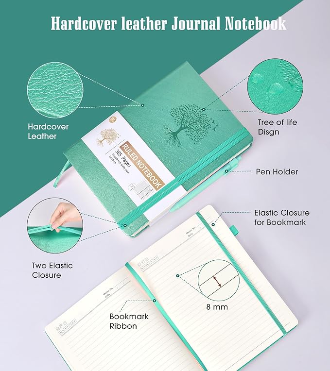 Lined Journal Notebook, 365 Pages B5 Large Journals for Writing Ruled Notebook, Hardcover Leather Journal for Women Men, Daily Notebook for Work, Note Taking, 100Gsm Thick Paper(7.6'' X 10'' Teal)