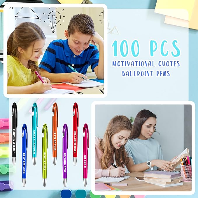 Lincia 100 Pcs Inspirational Ballpoint Pens Bulk Retractable Medium Point Pens with Black Ink Inspiration Thank You Gifts for Teacher, Back to School, Christmas