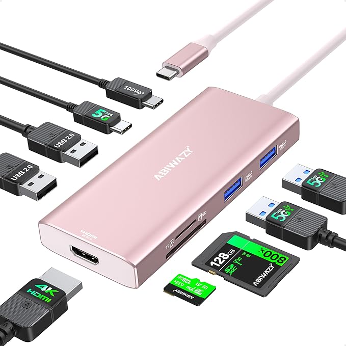 USB C Hub HDMI USB Adapter, 9 in 1 Dock with HDMI 4K@60Hz, SD/TF Card Reader, USB C Port,100W PD and 4 USB Ports (Pink)