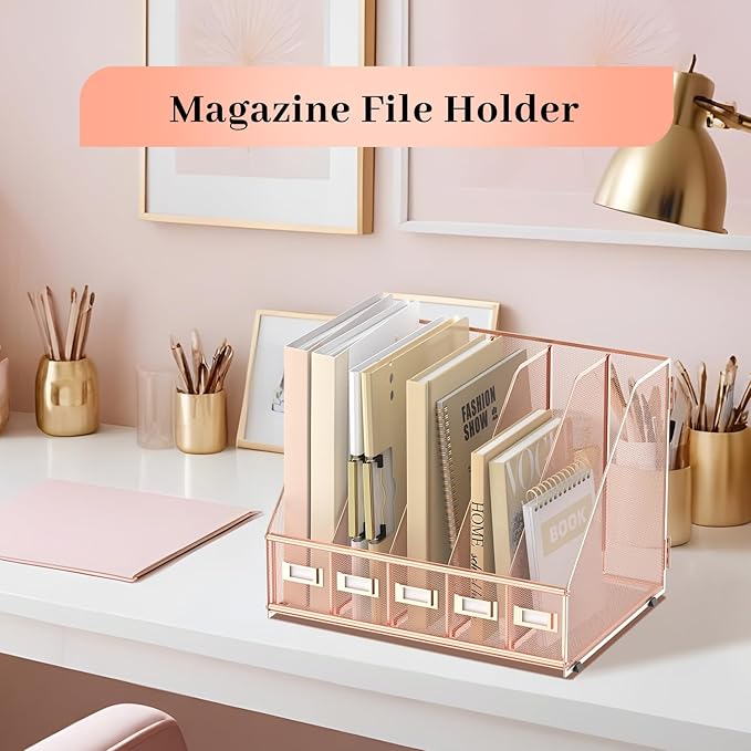 SUPEASY Desk Organizers Metal Desk Magazine File Holder with 5 Vertical Compartments Rack File Organizer for Office Desktop, Home Workspace, Rose Gold
