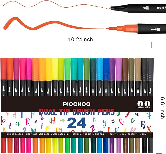 Dual Brush Marker Pens,24 Colored Markers,Fine Point and Brush Tip for Kids Adult Coloring Books Bullet Journals Planners,Note Taking Coloring Writing