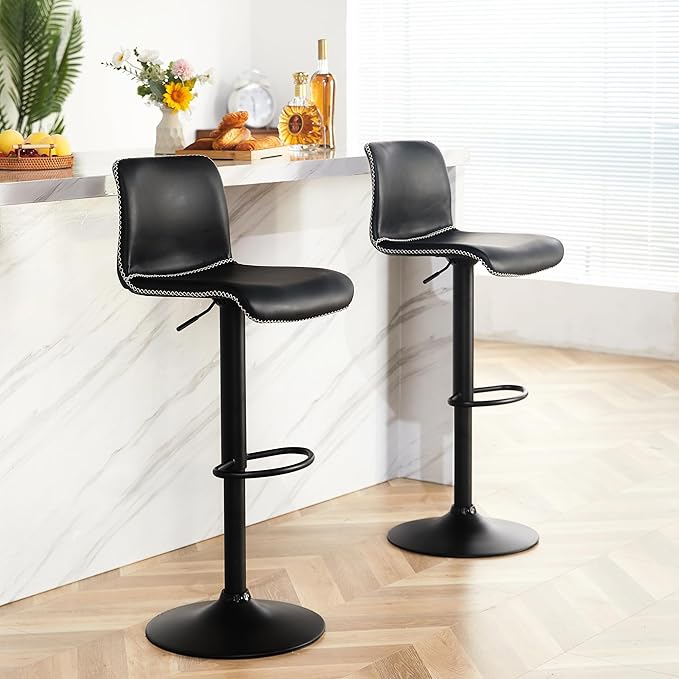 HeuGah Bar Stools Set of 3, Swivel Counter Height Barstools with Back, Adjustable Height 24" to 32", Black Faux Leather Bar Chairs for Kitchen Island (Black, Set of 3 (24'' to 32''))