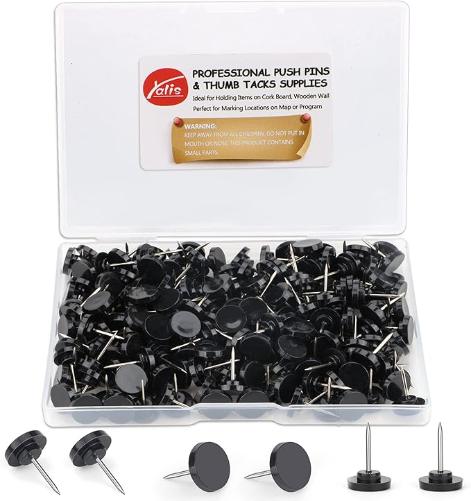 Push Pins 200-count Flat Black Thumb Tacks Steel Point and Plastic Head for Corkboard and Wooden Photo Wall