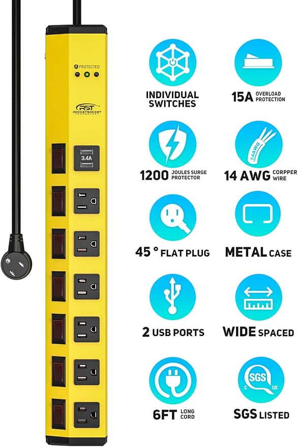 CRST 6-Outlet Heavy Duty Power Strip with USB and Individual Switches, 1200 Joules Metal Mountable Surge Protector Power Strip 15A Circuit Breaker, 6FT Extension Cord for Garage, Workshop, Home