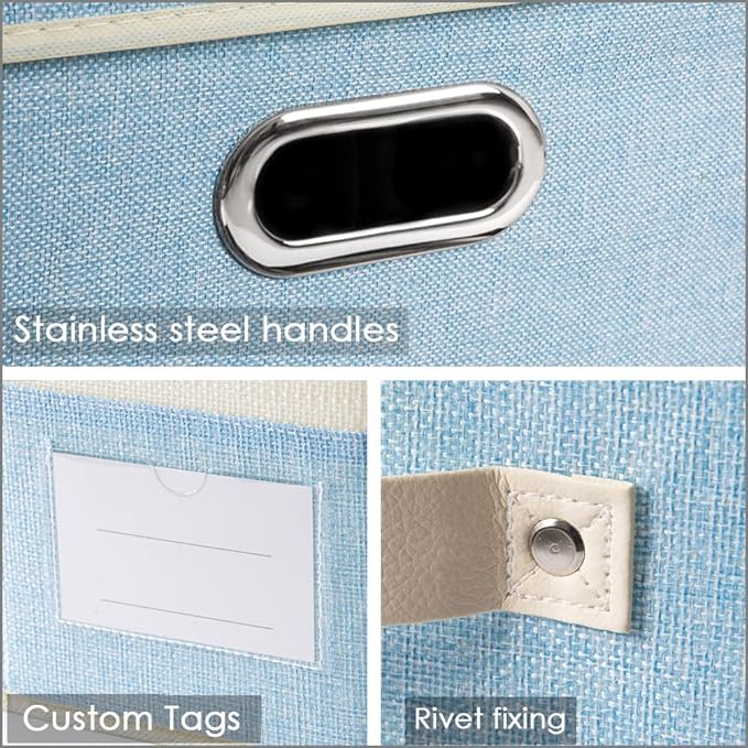 PRANDOM Large Foldable Storage Boxes with Lids [3-Pack] Fabric Collapsible Storage Bins Organizer Containers Baskets Cube with Cover for Home Bedroom Closet Office Nursery Blue&Cream(17.7x11.8x11.8)