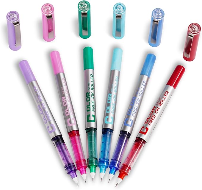 EYEYE Roller Ball Pen Extra Fine Point 6 Assorted Colors, Needle Rollerball Pens 0.5mm Quick Dry, Liquid Ink Pens Fine Point Smooth Writing Pen for Journaling, Note Taking, Office, Doodling & Gifts