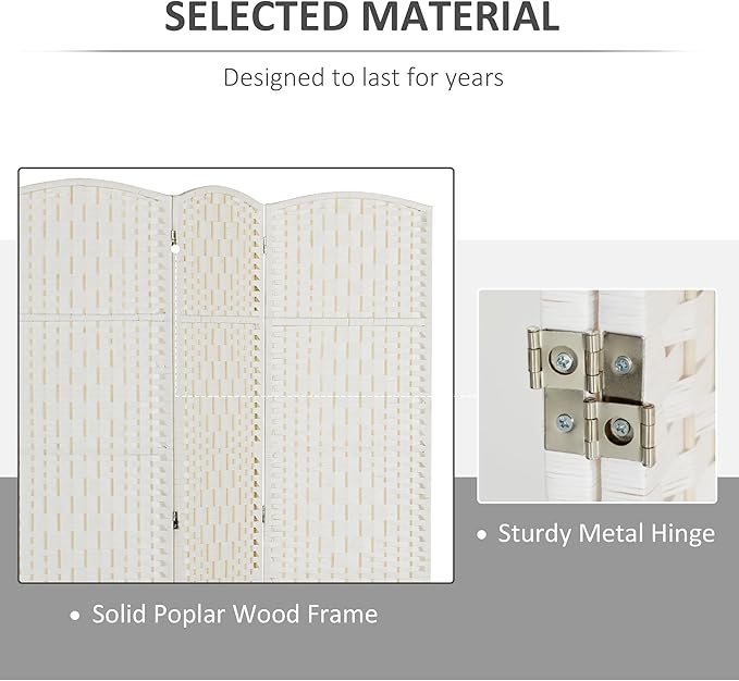 HOMCOM Room Divider, 3 Panel Folding Privacy Screen, 6FT Tall Portable Wicker Weave Partition Wall Divider for Bedroom, Home Office, White