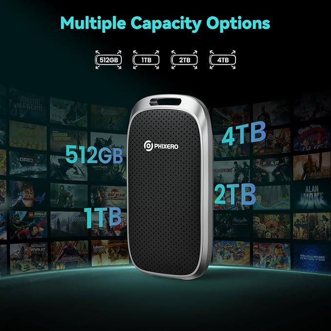 PHIXERO P5 1TB External Portable SSD - 5Gbps External Hard Drive with 2-in-1 USB C to C & USB C to A Cable for PC, Mac, PS5, Xbox | Anti-Shock, Compact Design with Lanyard Hole,Black