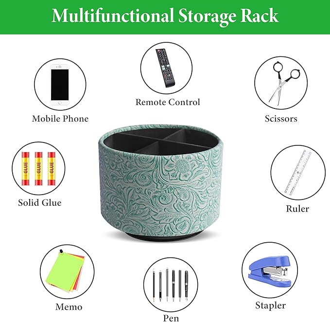 lizimandu Round Leather Art Supply Organizer,Remote Control Holder,360 Degree Spinning,Multi-Functional Pencil Holder,4 Compartments Desktop Stationary Organizer(1-Carved Stone Green)