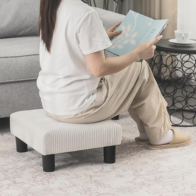 Joveco Small Foot Stool Ottoman, Corduroy Square Footstool Upholstered Footrest Foot Rest for Chair, Under Desk, Office, Living Room, Thick Stripes White