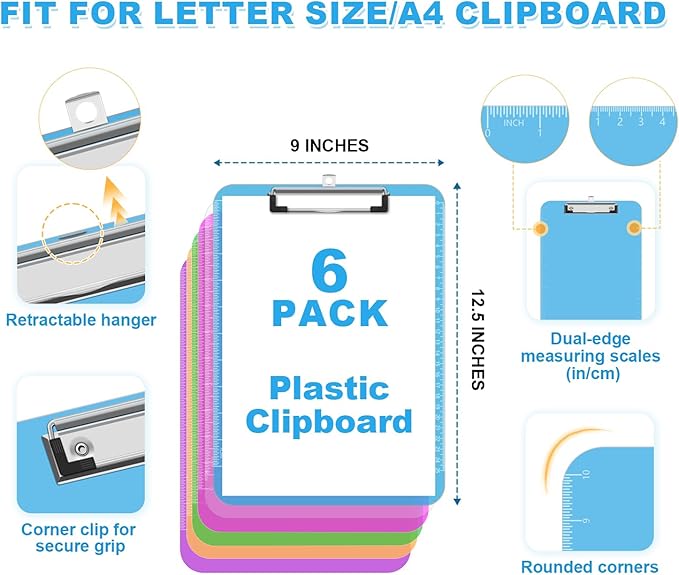TOTiyea Clipboard (Set of 6), 12.5 x 9 Inch Multi Color, Plastic Clipboard with Low Profile Clip, 75 Sheets Capacity, Standard Letter Size A4