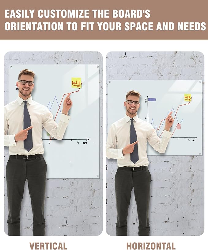 Magnetic Glass Whiteboard，60"x48" Wall Mounted Frameless Dry Erase Board for Office, Home & School White