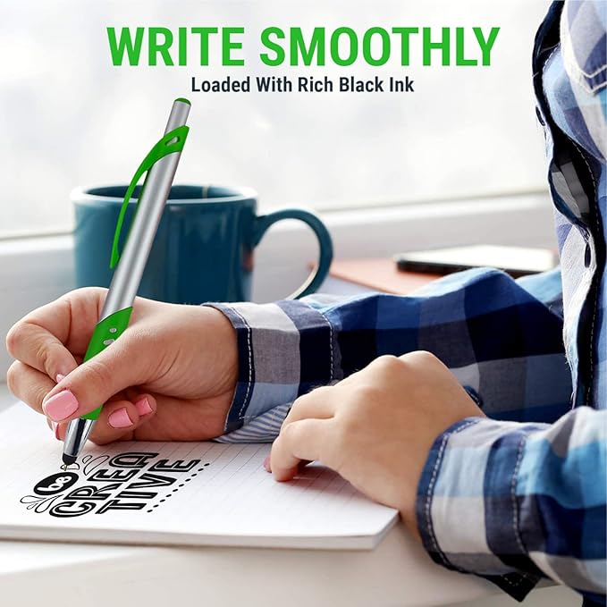 Personalized Pens With Custom Logo or Text-300 Pack Bulk-for Businesses, Parties, and Events, 2 in 1 Ballpoint Pen & Capacitive Stylus for Touchscreen Devices, Click Action, Black Ink, Dark Green