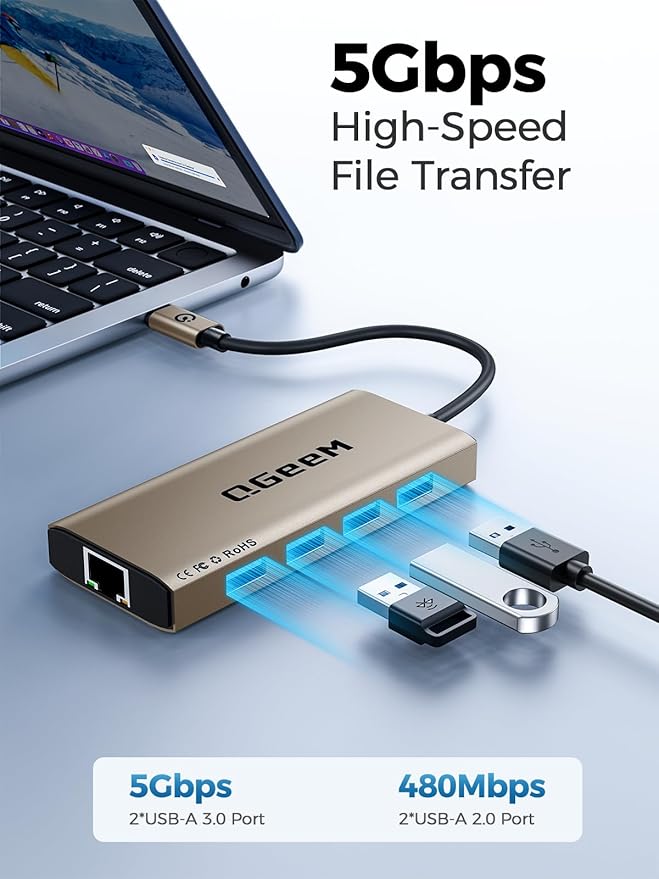 QGeeM USB C Hub Ethernet,9 in 1 USB Type C Hub HDMI Multi-Port Converter Adapter,100W Pd, USB 3.0,SD/TF Card Reader,Compatible for MacBook Pro Air Ipad HP Dell Lenovo Chromebook etc.-Brown