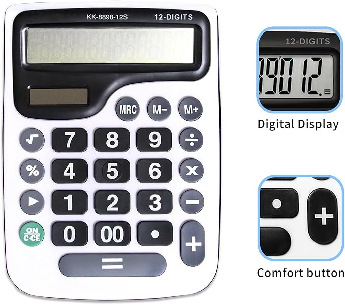 12 Digit Desktop Calculator with Large LCD Display and Sensitive Button, Dual Solar Power and Battery, Standard Function for Office (YE8898)