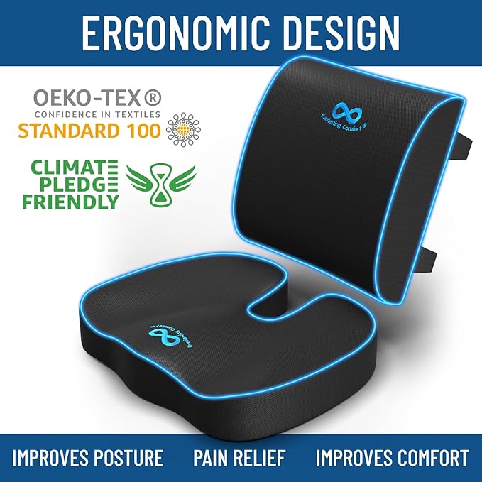 Everlasting Comfort Doctor Recommended Memory Foam Seat Cushion for Office Chairs & Car Seat - Ergonomic Office Desk Accessories for Tailbone Pain Relief, Sciatica & Back Support