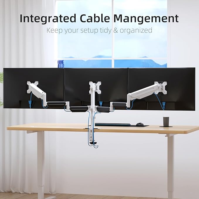 suptek Triple Monitor Mount for Most 17 to 32 inch Screens,Gas Springs Adjustment Triple Monitor Desk Mount Stand with Clamp & Grommet Kit,White(MD8003W)