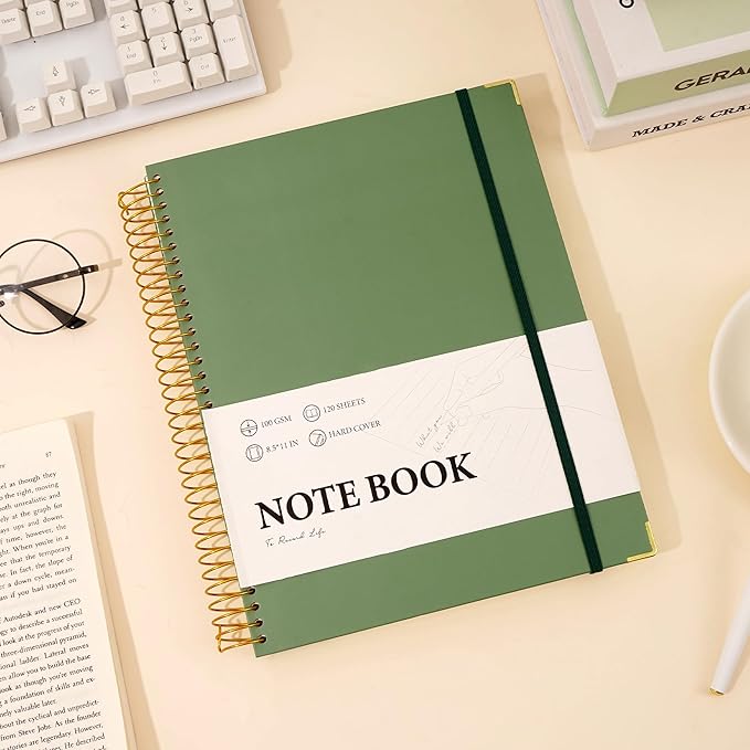 Large Spiral Notebook College Ruled with Tab Stickers A4 Notebooks for School Supplies Hardcover Spiral Notebook 8.5 x 11 Journal Note Book for Work Note Taking Women Men Writing, 220 Pages, Green