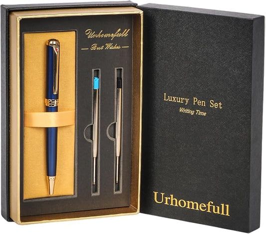 Blue Ballpoint Pen with Real 24K Gold Finish, Luxury Pen with 2 Black and 1 Blue Refill, Nice Pen for Men Women Birthday Graduation Christmas Gifts