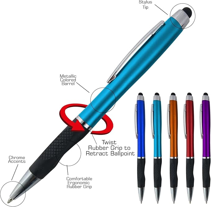 Personalized Pens With your Custom Logo or Text-300 Pack Bulk-for Businesses, Parties, and Events, 2 in 1 Ballpoint Pen + Capacitive Stylus Compatible with Touchscreen Devices, Grey Barrel, Blue Ink