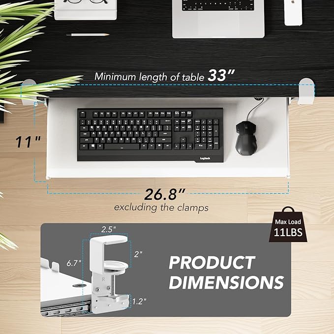 Keyboard Tray Under Desk Pull Out with Extra Sturdy C Clamp Mount System, 27.3 (32.5 inch Including Clamps) x 11 Inch Slide-Out Platform Computer Drawer for Typing White AX01WW01