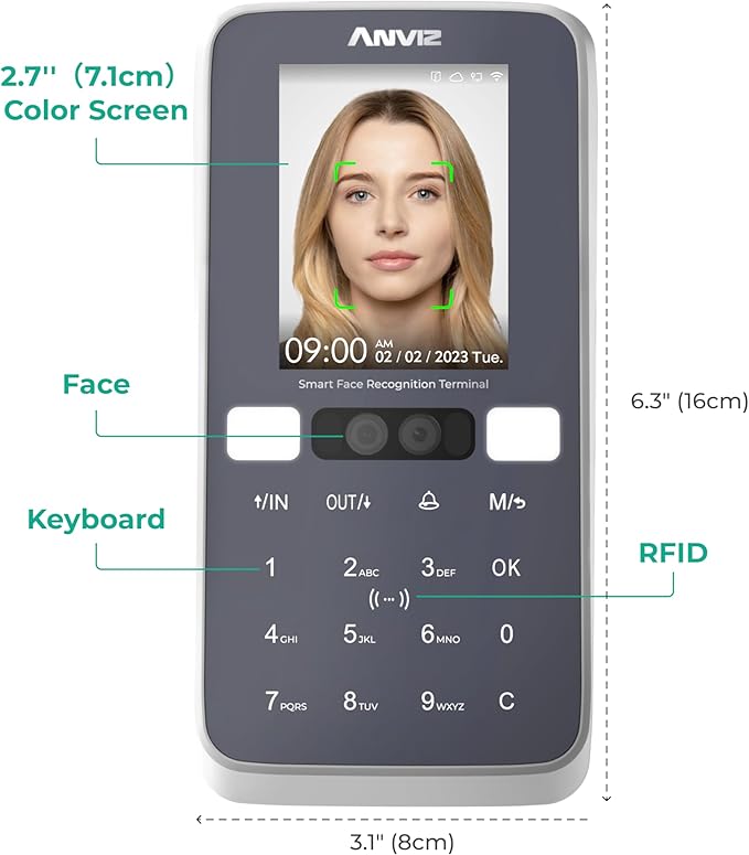 ANVIZ Time Clocks for Employees Small Business - CX5 Clock in and Out Machine - Face + RFID + Pin - Door Access - Biometric Electronic Punch Machine - Forever Free Cloud Software