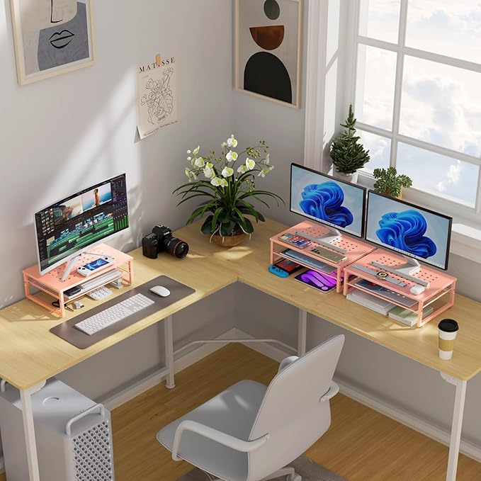 gianotter 2-Tier Metal Monitor Stand Riser, Desk Organizer for Monitor, Office Desk Storage Organizer for Office Supplies (Rose Gold)