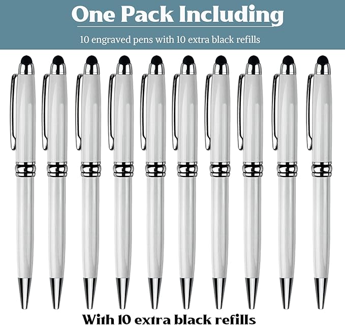 Ancolo Custom Personal Pens with Stylus Tip - Beautiful Smooth Writing Set Black ink refill - Engraved with Your Name or Slogan Perfect for Women/Lady/Girl/Teacher/Manager/10 Pens/Box