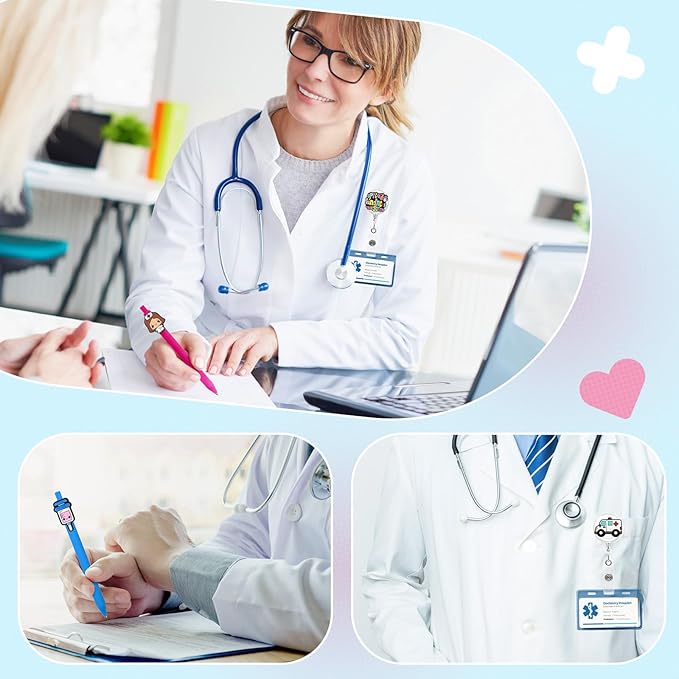 Nurse Pen with Badge Reel Holder Clip Combination,Nursing ID Badges Name Card Reels Novelty Gel Pens Funny Ballpoint Pen Nursing Charms Accessories Cna Work Supplies Nurse Week gifts Party Favors 20P