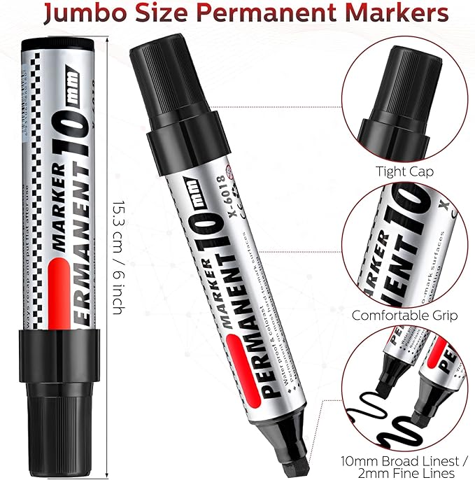 Thenshop 24 Pack Jumbo Size Permanent Markers Bulk Permanent Marker Set Chisel Tip Pens Waterproof for Industrial Use Work on Wood Metal Plastic Stone Glass(Black)
