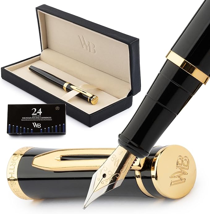 Wordsworth & Black Fountain Pen Set, 18K Gilded Fine Nib, Includes 24 Pack Ink Cartridges, Ink Refill Converter & Gift Box, Gold Finish, Calligraphy, [Black Gold], Perfect for Men & Women
