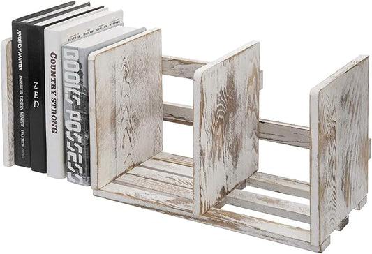 MyGift Rustic Expandable Whitewashed Wood Desktop Bookshelf/Adjustable Tabletop Book Holder Organizer Rack