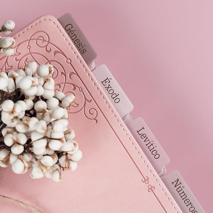 UPAFEXXI-Spanish Laminated Bible Tabs for Women and Men(Gold Foil Embossed Lettering) Pestañas de la Biblias, 80 Reposition Large Print tabs, Easy to Read and Apply(Pink)