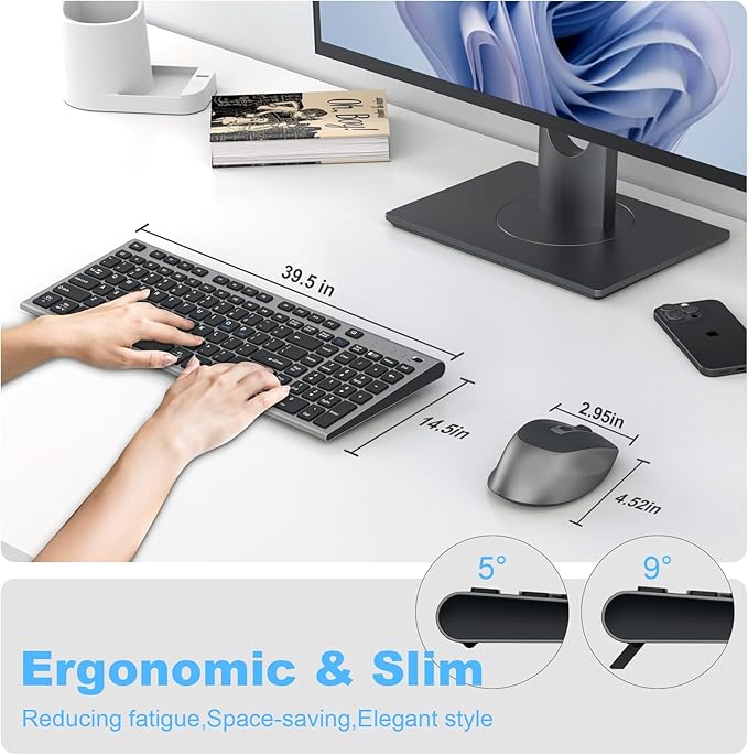 FENIFOX Wireless Keyboard and Mouse, Ergonomic Rechargeable Silent Quiet Slim USB C Flat Compact Full Size with Number Pad Soft Cover Keyboards for Mac Computer PC Surface Laptop MacBook iMac Black