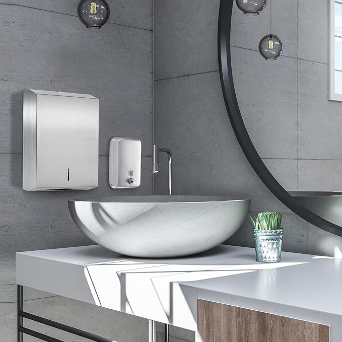 2 Pcs Commercial Soap Dispenser and Paper Towel Dispenser Set with Lock-Stainless Steel,Wall Mount,Large Capacity Manual Liquid Pump Rust Proof Leak Free for Commercial Home Bathroom