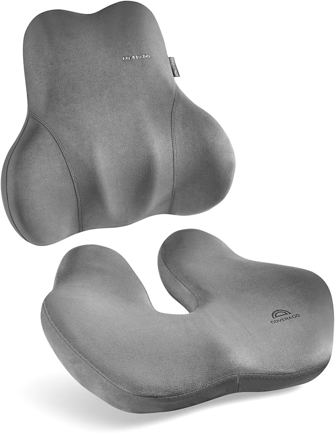 Coverado Memory Foam Car Seat Cushion and Lumbar Support Pillow for Car, Ergonomic Office Chair Cushion for Lower Back Pain Relief, Breathable & Non-Slip for Car, Home, and Office Use, Gray