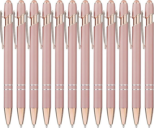 LINFANC 12 Pack Rose Gold Ballpoint Pen with Stylus Tip, 1.0 mm Black Ink Smooth Writing Pens, Metal Stylus Pens for Touch Screens