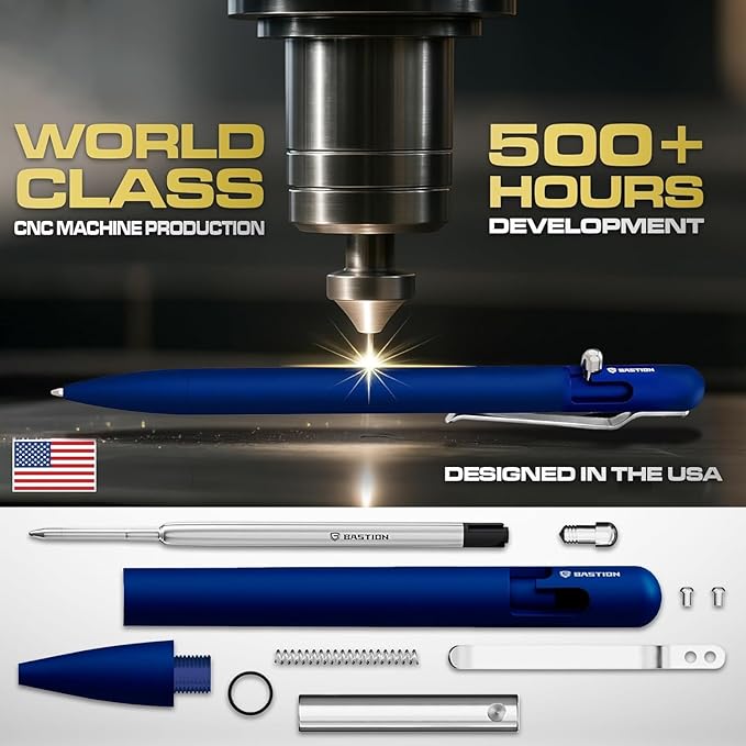 BASTION® Luxury Slim Bolt Action Pen, Lightweight Aluminum EDC Pen with Fine Tip, Professional Ballpoint Pen for School and Work - Blue