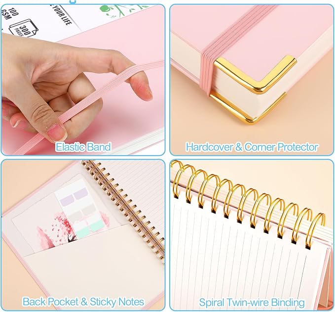 Spiral Notebook 8.3” x 11.6”, 300 Pages/150 Sheets Pink Notebook College Ruled A4 Spiral Notebook Journaling Notebook with Index Sticker, Back Pocket, Elastic Band for Work Business School Note Taking