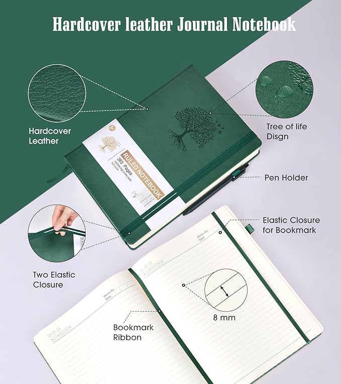 Lined Journal Notebook, 365 Pages A4 Large Journals for Writing Ruled Notebook, Hardcover Leather Journal for Women Men, Daily Journal Notebook for Work, Note Taking, 100Gsm Thick Paper ( 8.5" x 11" Green)