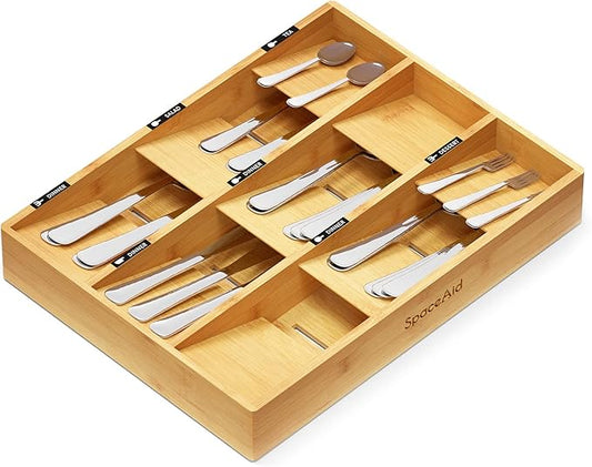 SpaceAid Bamboo Silverware Drawer Organizer (Need 3" Deep Drawer), Kitchen Utensil Tray Holder Organizer for Flatware, Cutlery, Spoon and Knives Storage Organization (9 Slots)