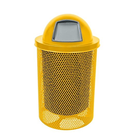 Coated Outdoor Furniture 32-Gallon Heavy-Duty Punched Steel Round Trash Receptacle, Commercial Outdoor Waste Bin with Liner & Dome Lid – Made in America (Textured Yellow)