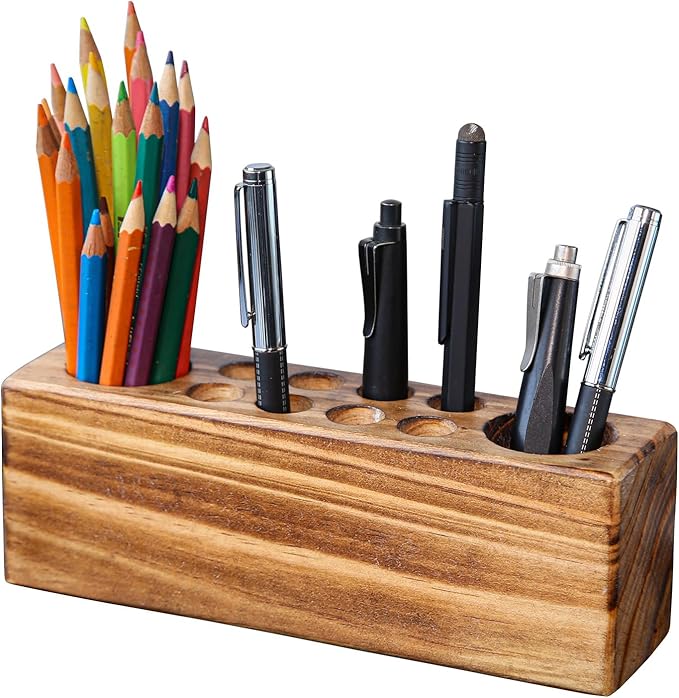 Solid Pine Wood Pen Holder for Desk – Fountain Pen Holder – Stylish Wooden Pencil Holder and Pen Desk Organizer