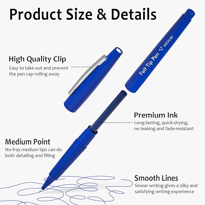 Lelix Felt Tip Pens, 15 Blue Pack, 0.7mm Medium Point, Felt Tip Markers Pens for Journaling, Writing, Note Taking, Planner, Perfect for School Office and Art Supplies