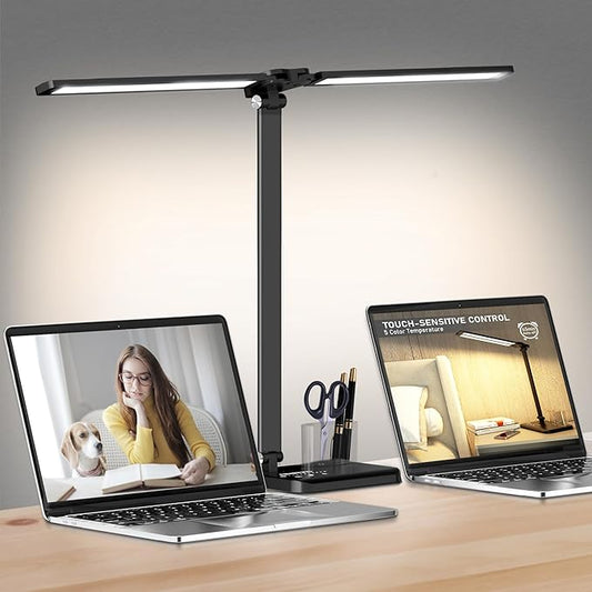 Dimmable LED Desk Lamp with USB Charging Port, 50 Lighting Modes Dual Swing Arm Architect Table Lamp Light Desk Lamp for Home Office Dorm Piano Nail